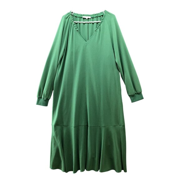 TIBI Savanna Crepe Ruffle Neck Midi Dress Green Womens Size 4 Long Sleeve - Picture 1 of 12